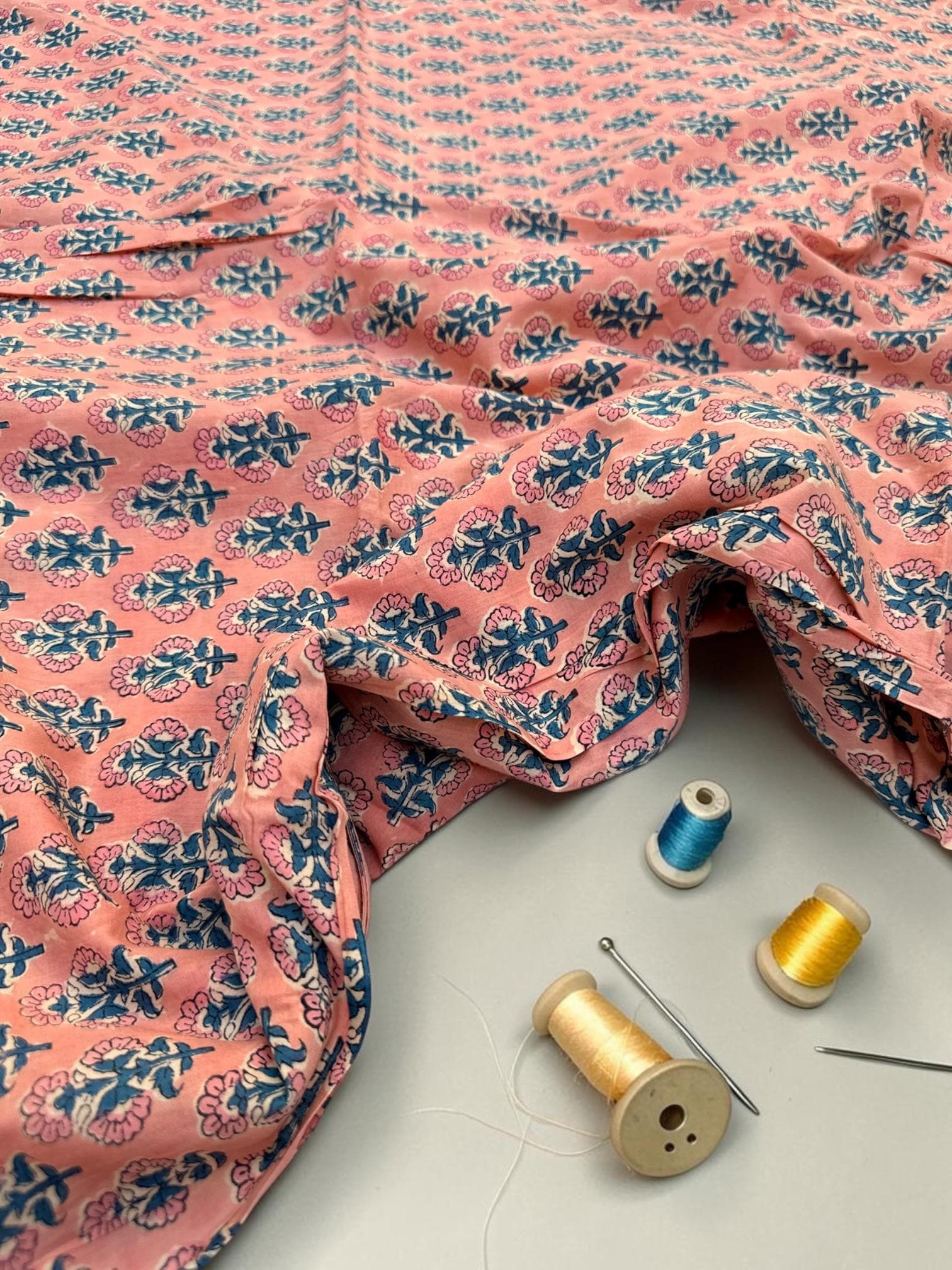 Peach Pink Floral Hand Block Print Cotton Fabric by Yard | Indian Boho Fabric | Blue and Rose Motif Soft Cotton | Dressmaking & Craft Fabric
