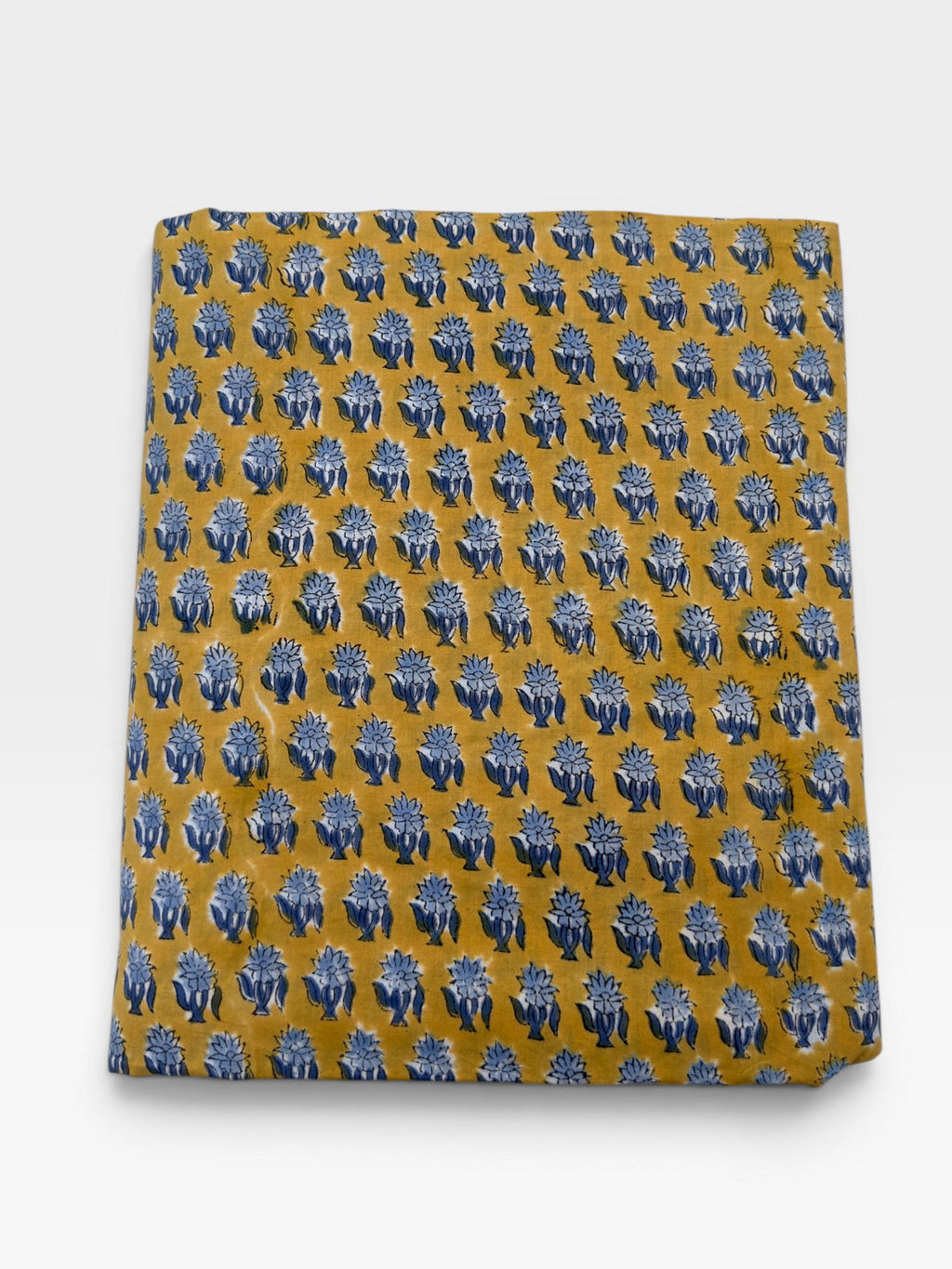 Mustard Yellow & Indigo Blue Floral Block Print Cotton Fabric | Hand Block Printed Indian Cotton | Boho Floral Fabric by Yard