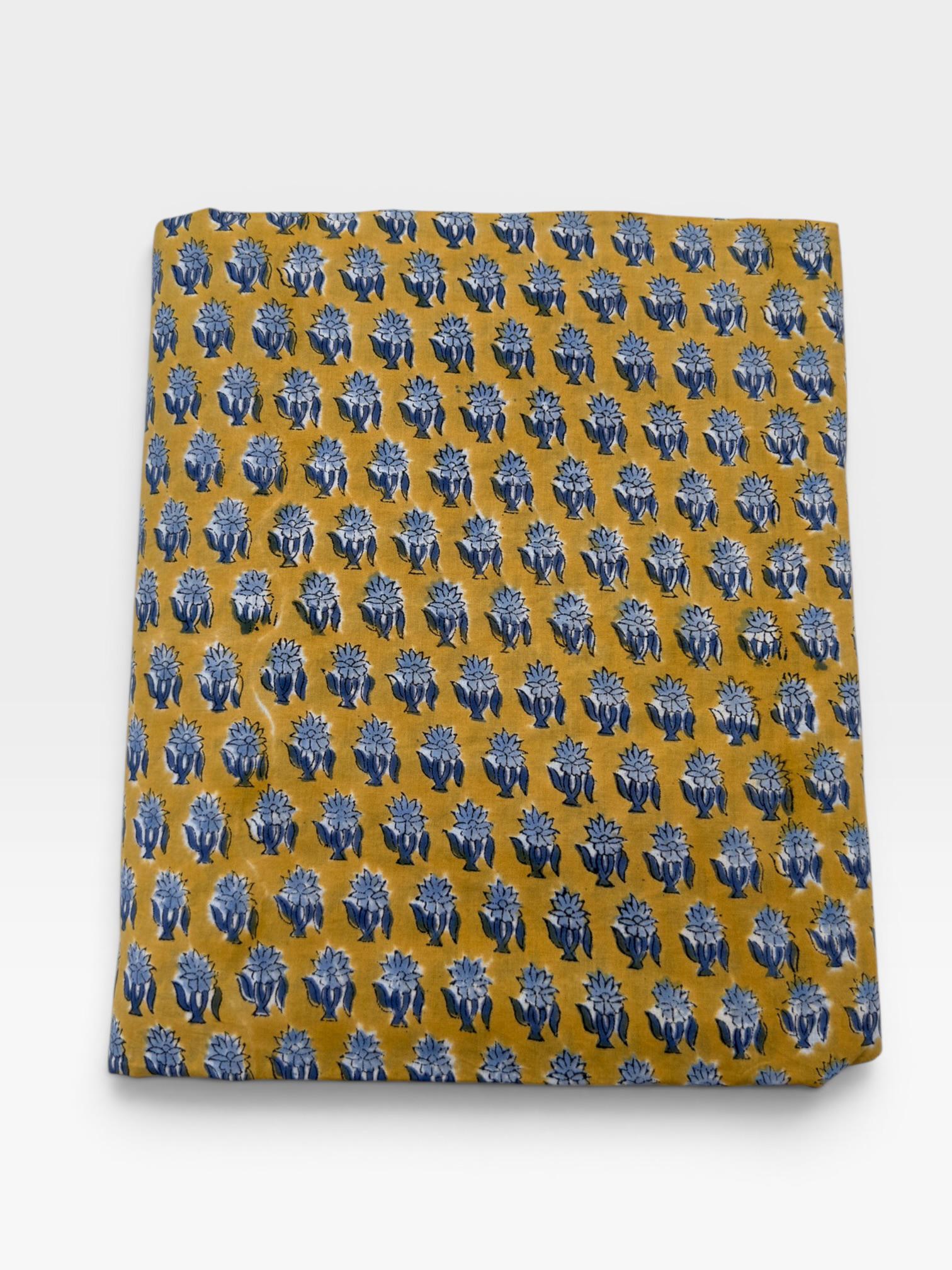 Mustard Yellow & Indigo Blue Floral Block Print Cotton Fabric | Hand Block Printed Indian Cotton | Boho Floral Fabric by Yard