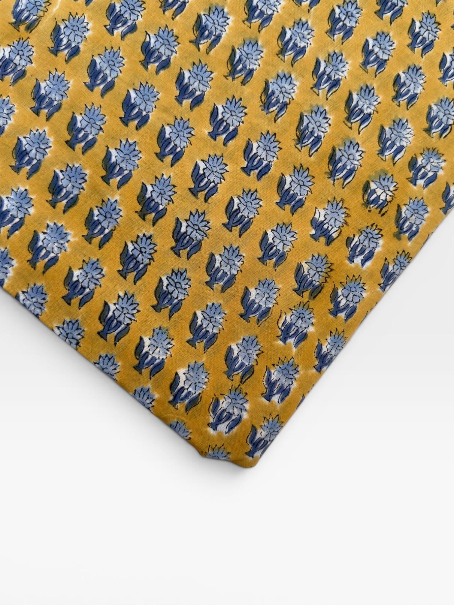 Mustard Yellow & Indigo Blue Floral Block Print Cotton Fabric | Hand Block Printed Indian Cotton | Boho Floral Fabric by Yard