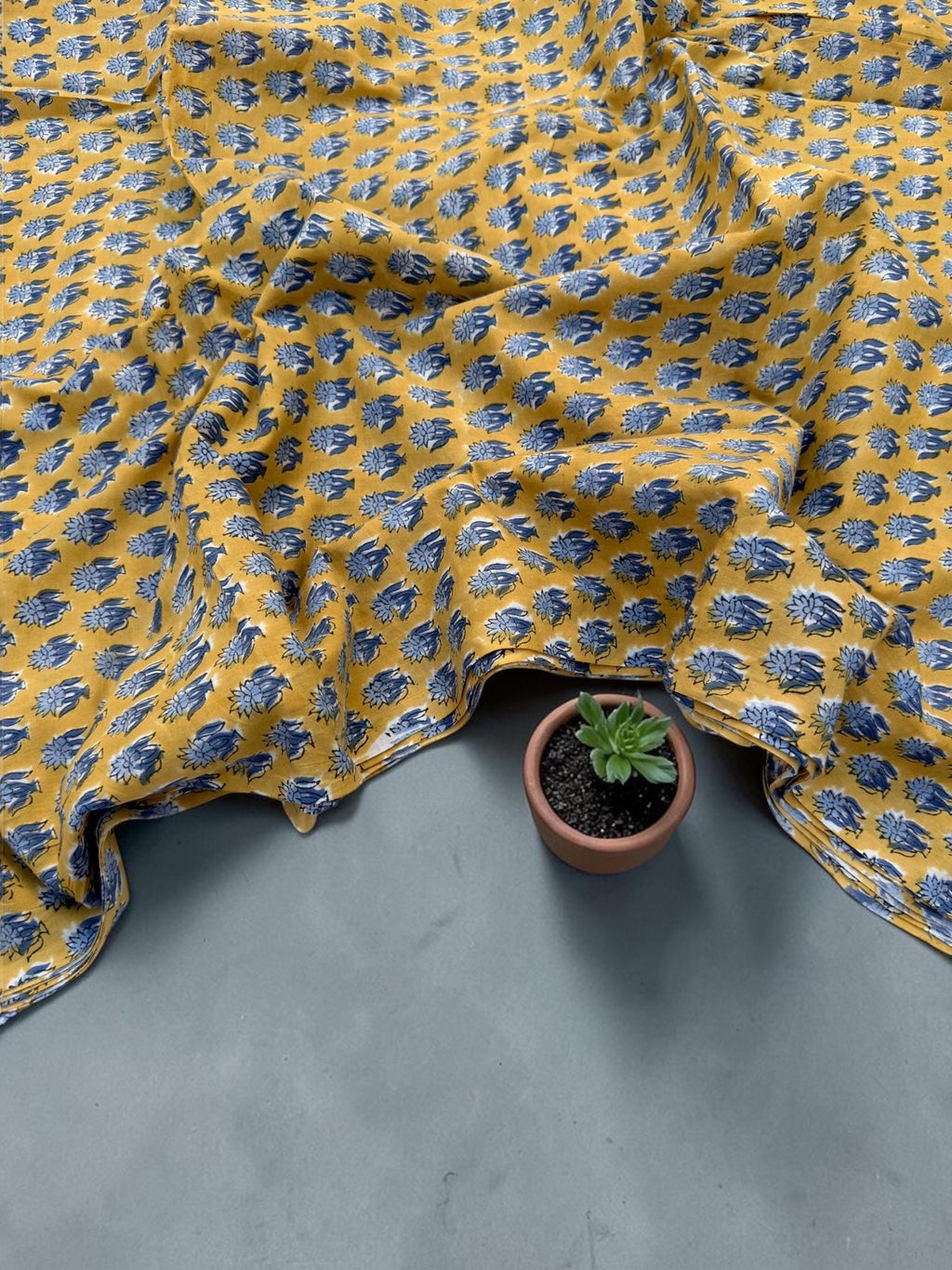 Mustard Yellow & Indigo Blue Floral Block Print Cotton Fabric | Hand Block Printed Indian Cotton | Boho Floral Fabric by Yard