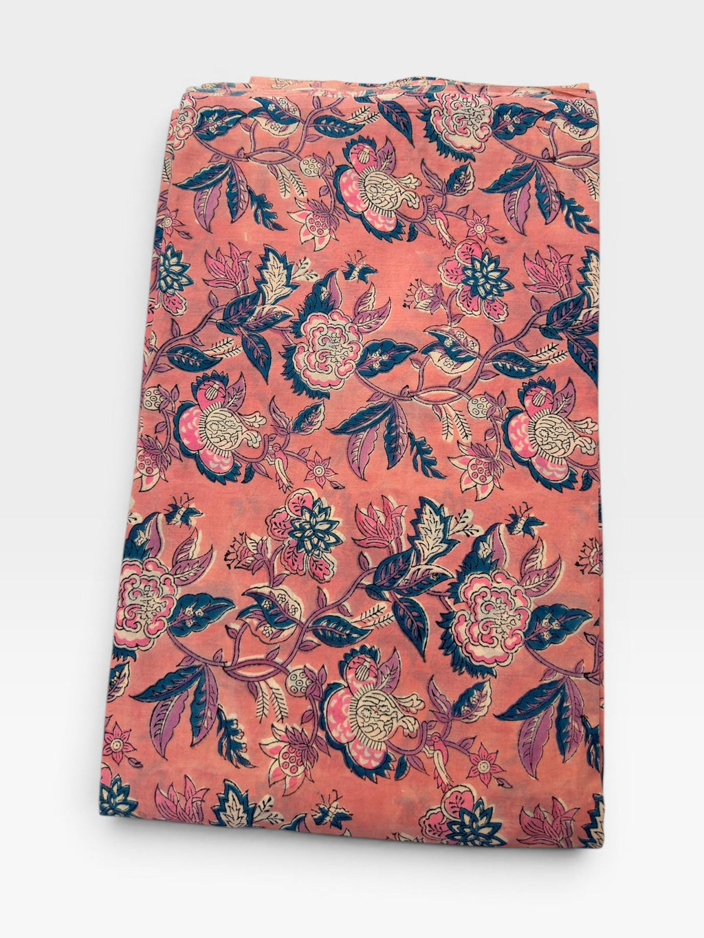 Peach Coral Floral Block Print Cotton Fabric | Pink & Teal Hand Block Printed Fabric | Indian Cotton Boho Textile by Yard  Soft Summer Dress