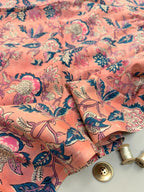 Peach Coral Floral Block Print Cotton Fabric | Pink & Teal Hand Block Printed Fabric | Indian Cotton Boho Textile by Yard  Soft Summer Dress