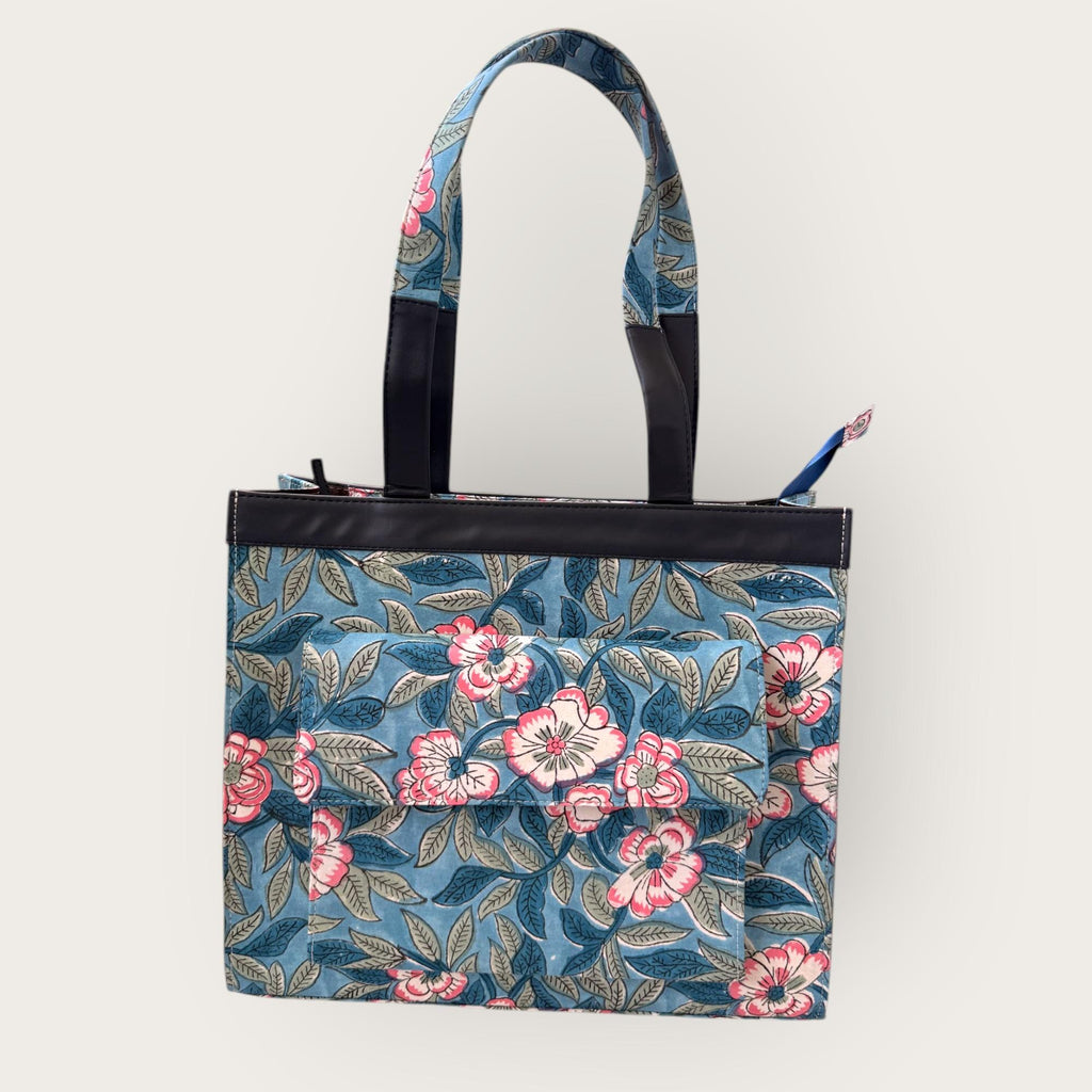 Handmade Block Print Tote Bag, Blue Floral Cotton Shoulder Bag, Waterproof Lining Tote, Multi Pocket Everyday Bag, Travel & Work Organizer