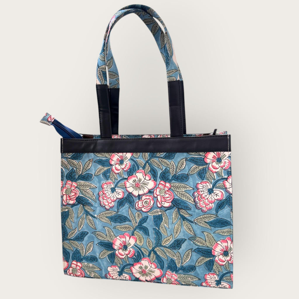 Handmade Block Print Tote Bag, Blue Floral Cotton Shoulder Bag, Waterproof Lining Tote, Multi Pocket Everyday Bag, Travel & Work Organizer