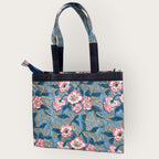 Handmade Block Print Tote Bag, Blue Floral Cotton Shoulder Bag, Waterproof Lining Tote, Multi Pocket Everyday Bag, Travel & Work Organizer