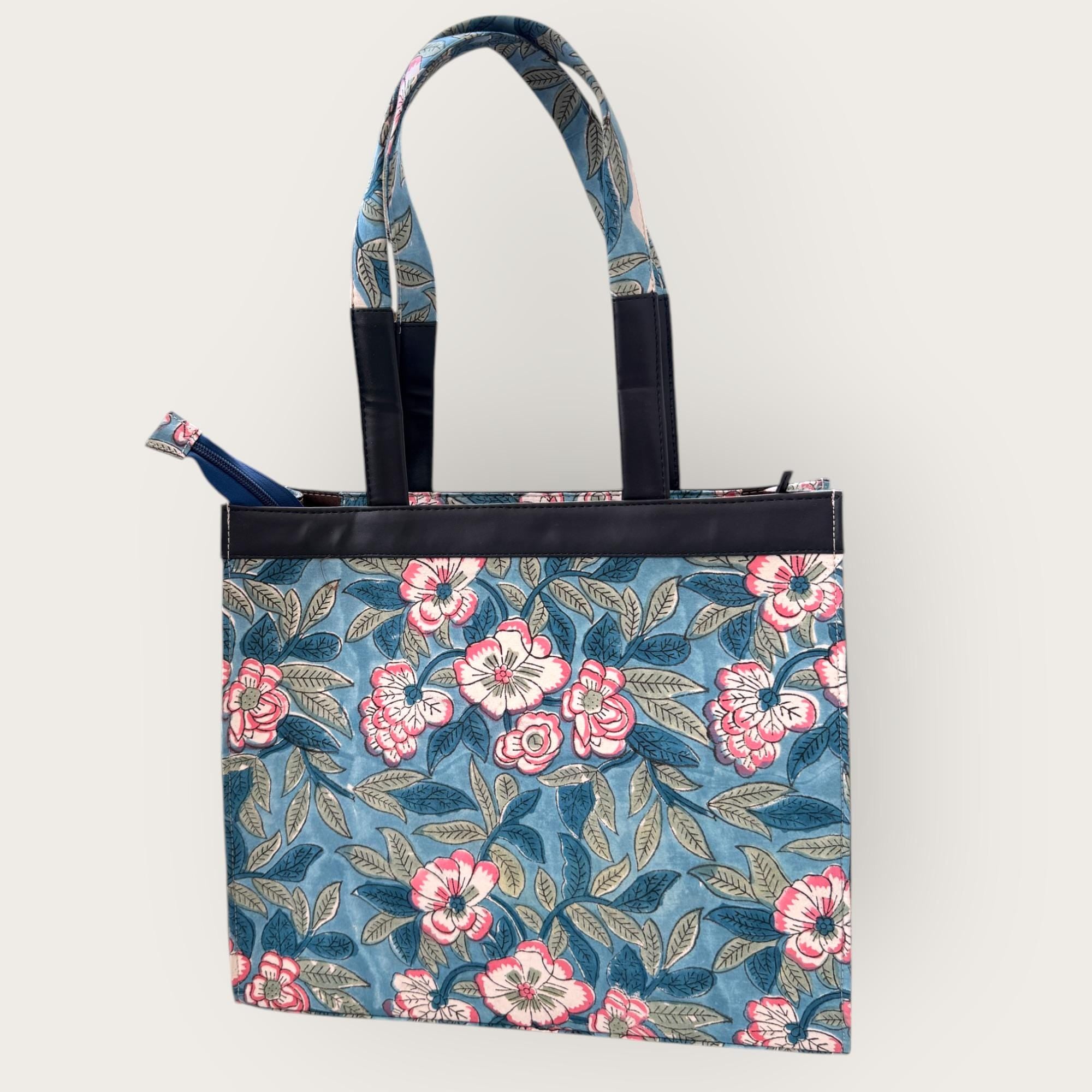 Handmade Block Print Tote Bag, Blue Floral Cotton Shoulder Bag, Waterproof Lining Tote, Multi Pocket Everyday Bag, Travel & Work Organizer