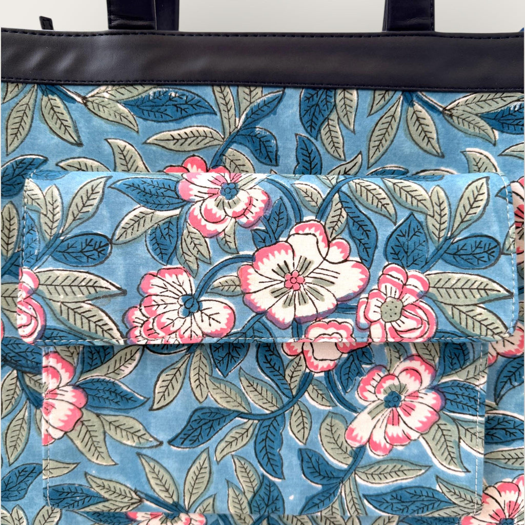 Handmade Block Print Tote Bag, Blue Floral Cotton Shoulder Bag, Waterproof Lining Tote, Multi Pocket Everyday Bag, Travel & Work Organizer