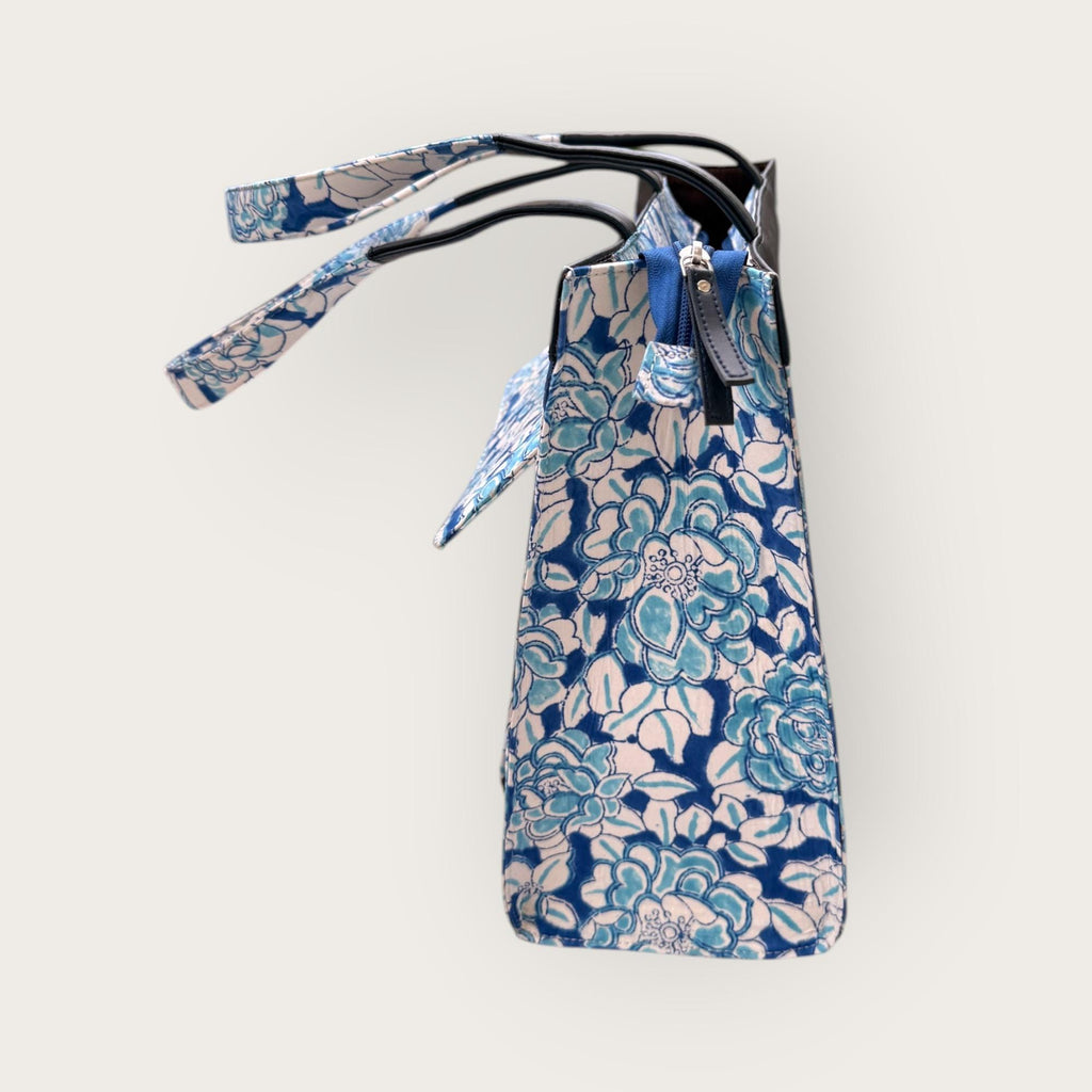 Blue Floral Block Print Tote Bag, Handmade Cotton Handbag, Waterproof Lined Tote, Large Capacity Everyday Bag, Gift for Her, office bag