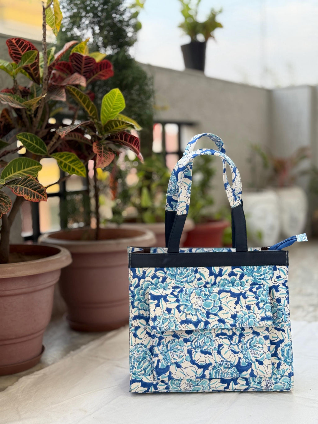 Blue Floral Block Print Tote Bag, Handmade Cotton Handbag, Waterproof Lined Tote, Large Capacity Everyday Bag, Gift for Her, office bag
