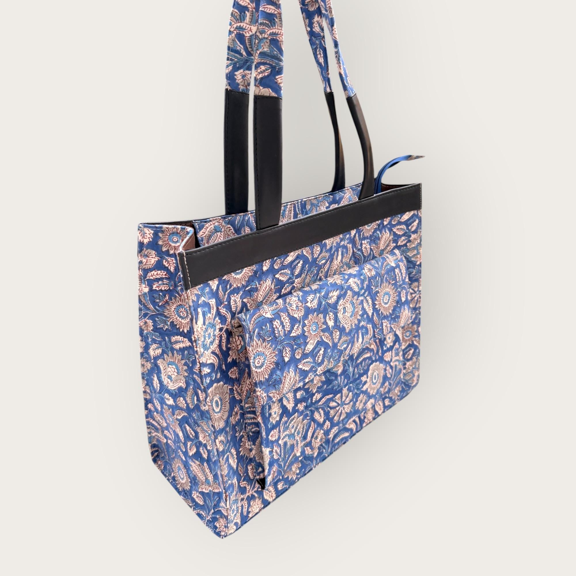 Blue Floral Block Print Tote Bag, Handmade Cotton Handbag, Waterproof Lined Tote, Large Capacity Everyday Bag, Gift for Her, office bag