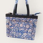 Blue Floral Block Print Tote Bag, Handmade Cotton Handbag, Waterproof Lined Tote, Large Capacity Everyday Bag, Gift for Her, office bag