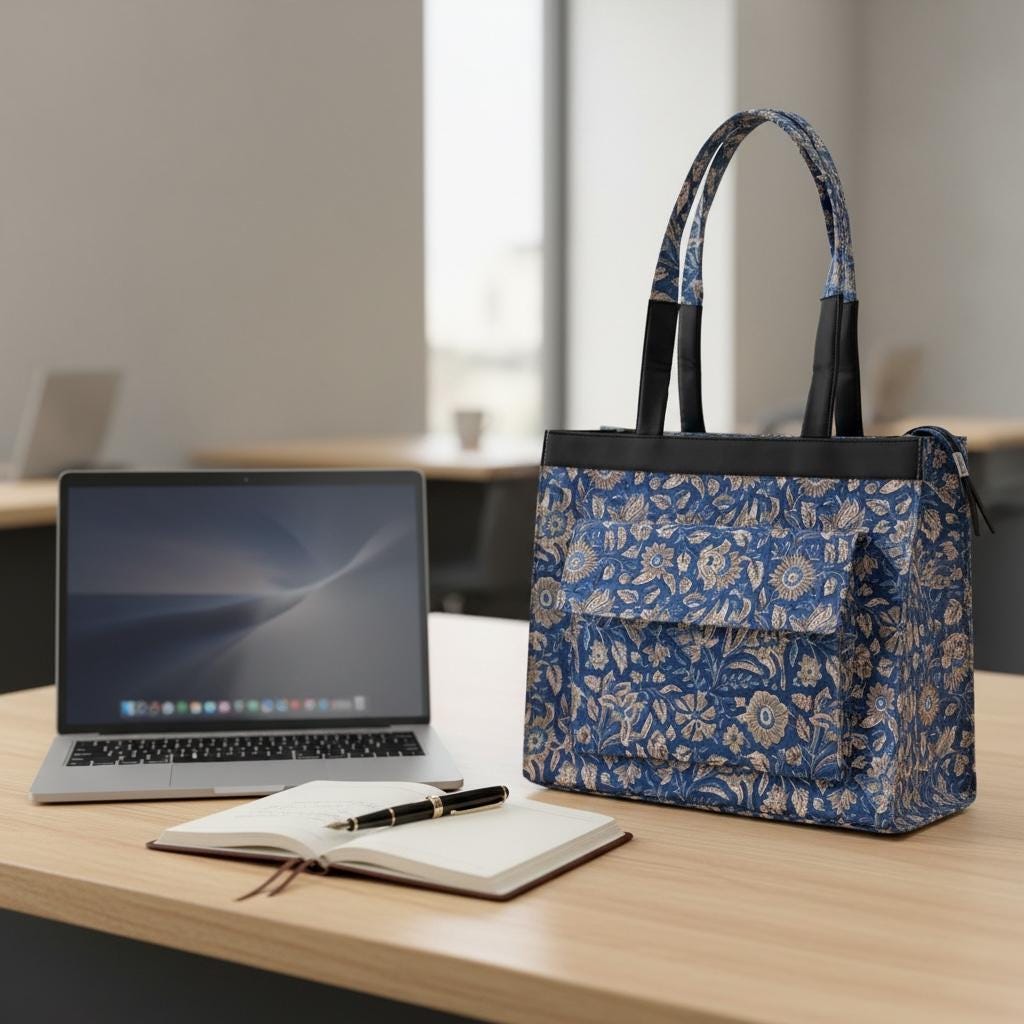Blue Floral Block Print Tote Bag, Handmade Cotton Handbag, Waterproof Lined Tote, Large Capacity Everyday Bag, Gift for Her, office bag