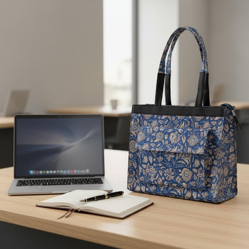 Blue Floral Block Print Tote Bag, Handmade Cotton Handbag, Waterproof Lined Tote, Large Capacity Everyday Bag, Gift for Her, office bag