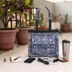 Blue Floral Block Print Tote Bag, Handmade Cotton Handbag, Waterproof Lined Tote, Large Capacity Everyday Bag, Gift for Her, office bag