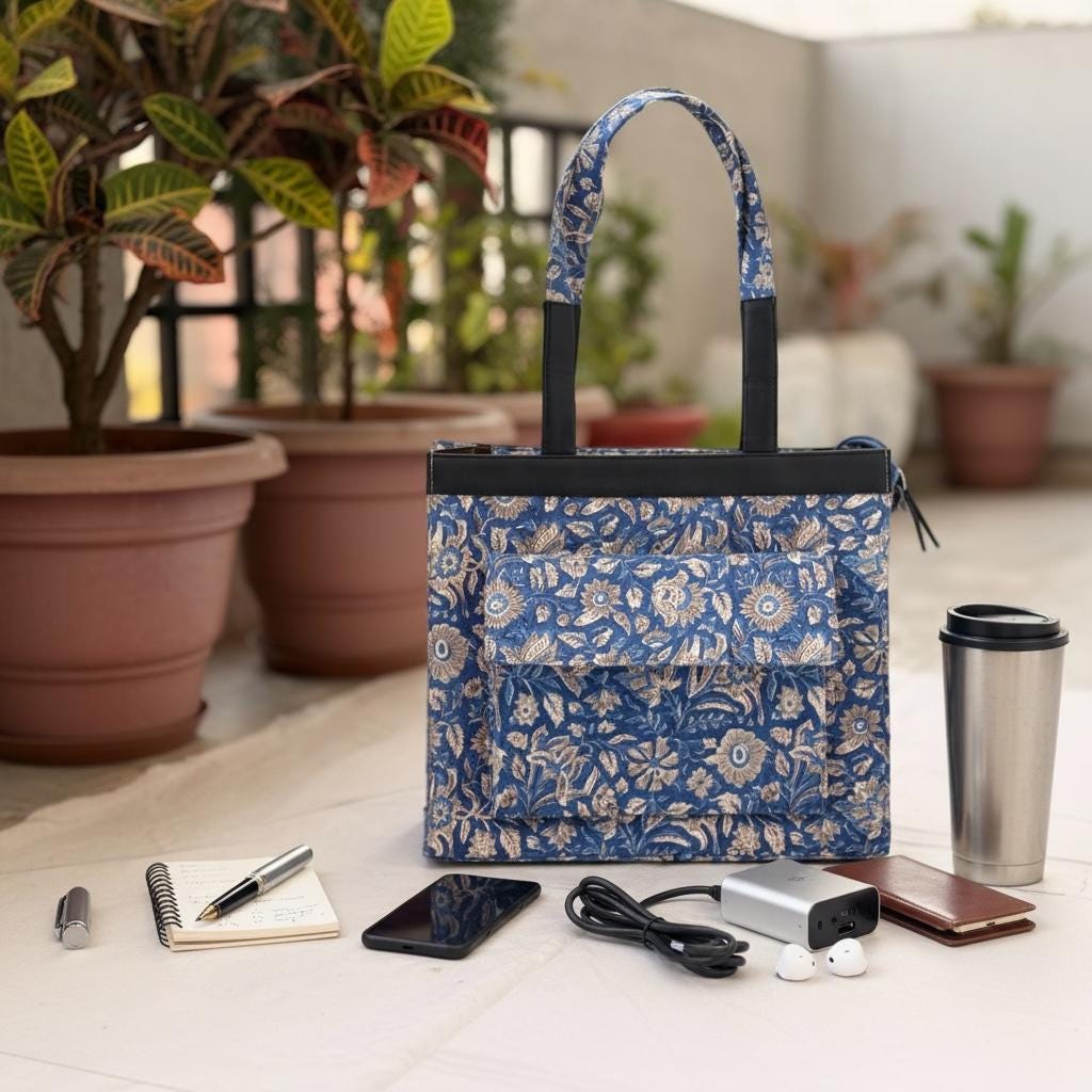 Blue Floral Block Print Tote Bag, Handmade Cotton Handbag, Waterproof Lined Tote, Large Capacity Everyday Bag, Gift for Her, office bag