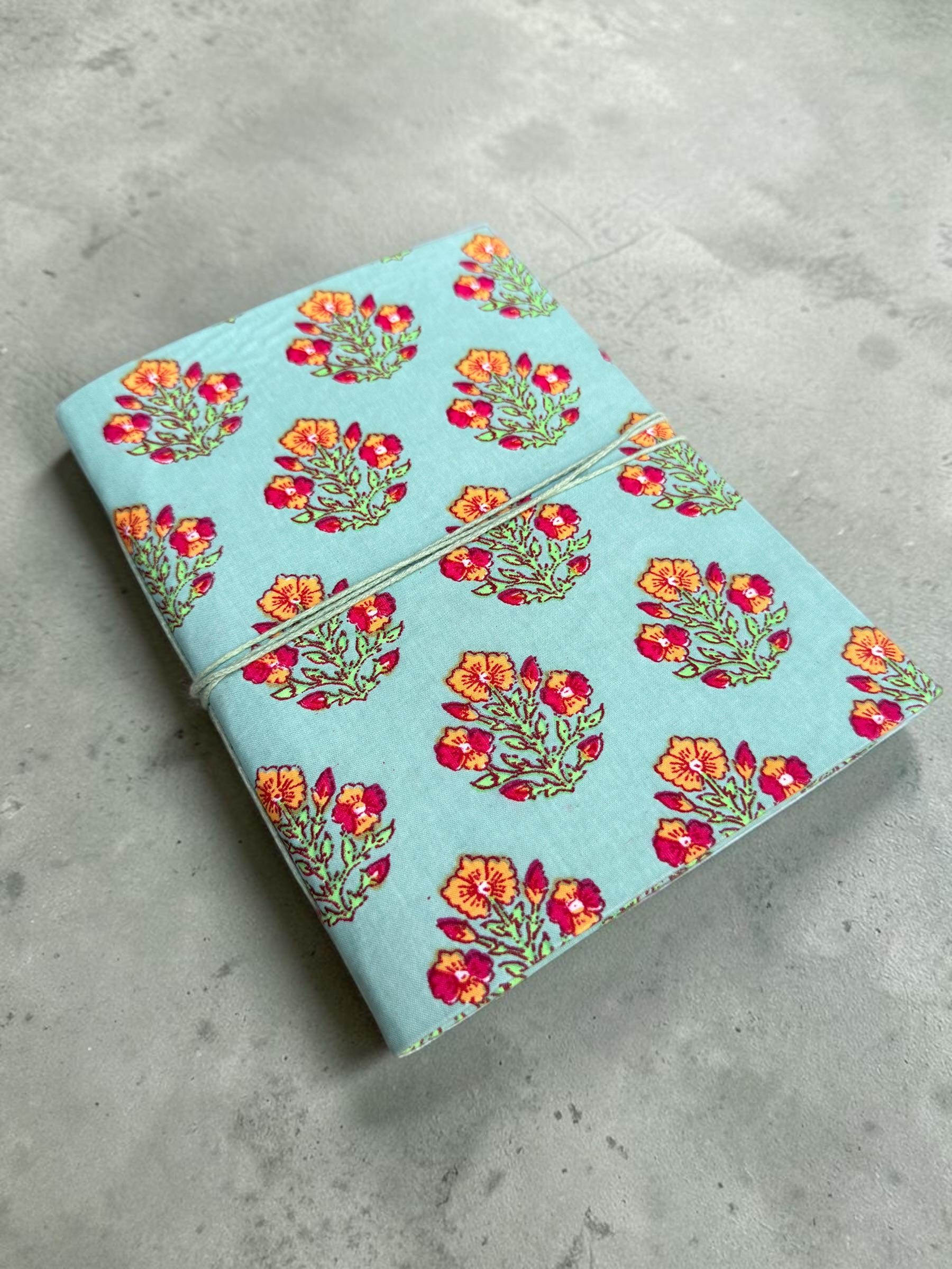 Handmade Floral Block Print Diary | Cotton Fabric Journal | Light Blue Notebook | Travel Journal | Artisan Handmade Gift for Writers