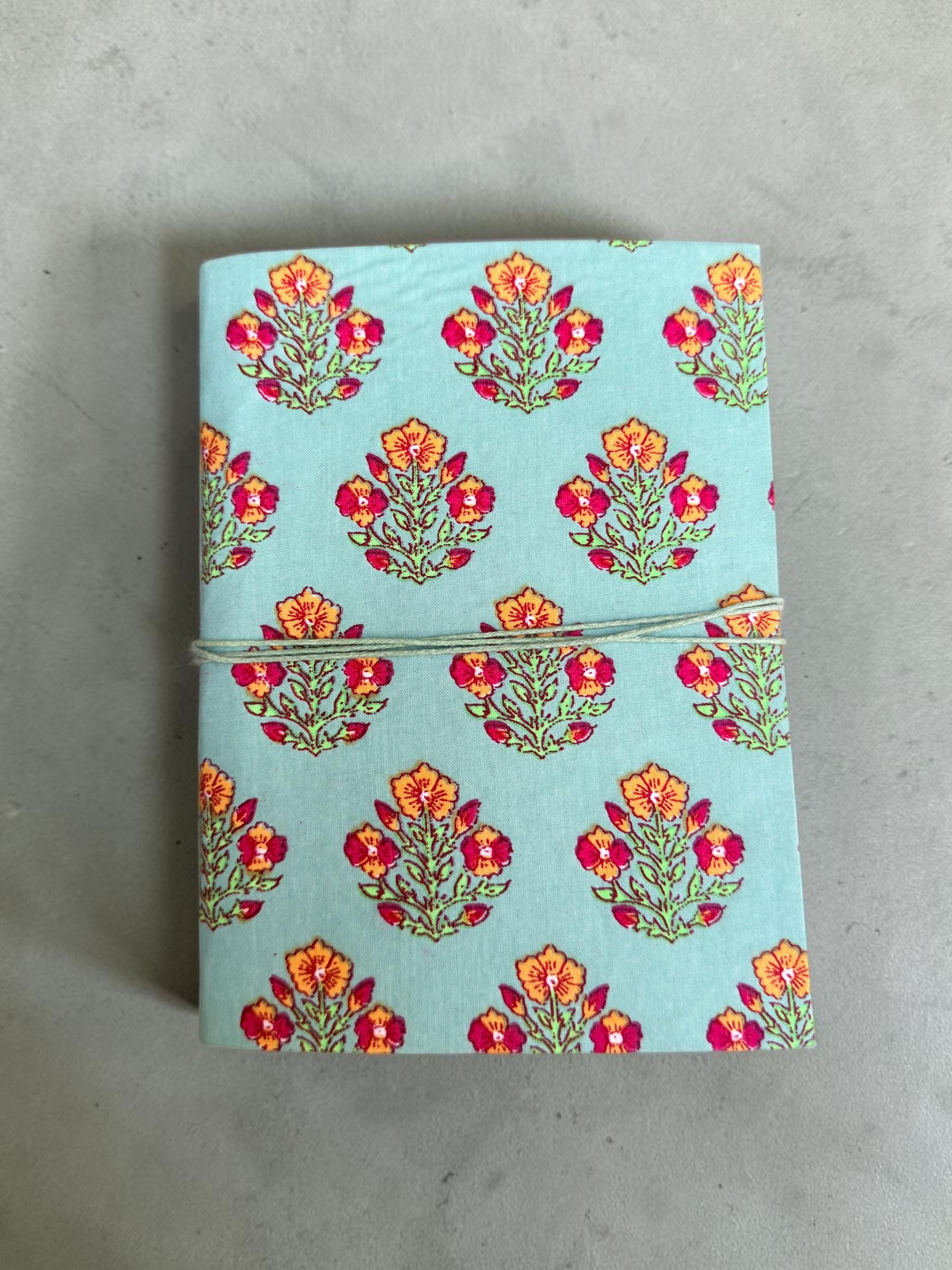 Handmade Floral Block Print Diary | Cotton Fabric Journal | Light Blue Notebook | Travel Journal | Artisan Handmade Gift for Writers
