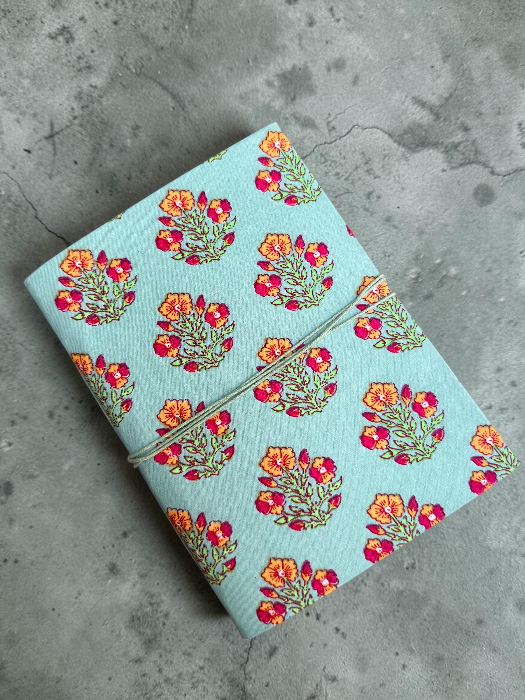Handmade Floral Block Print Diary | Cotton Fabric Journal | Light Blue Notebook | Travel Journal | Artisan Handmade Gift for Writers