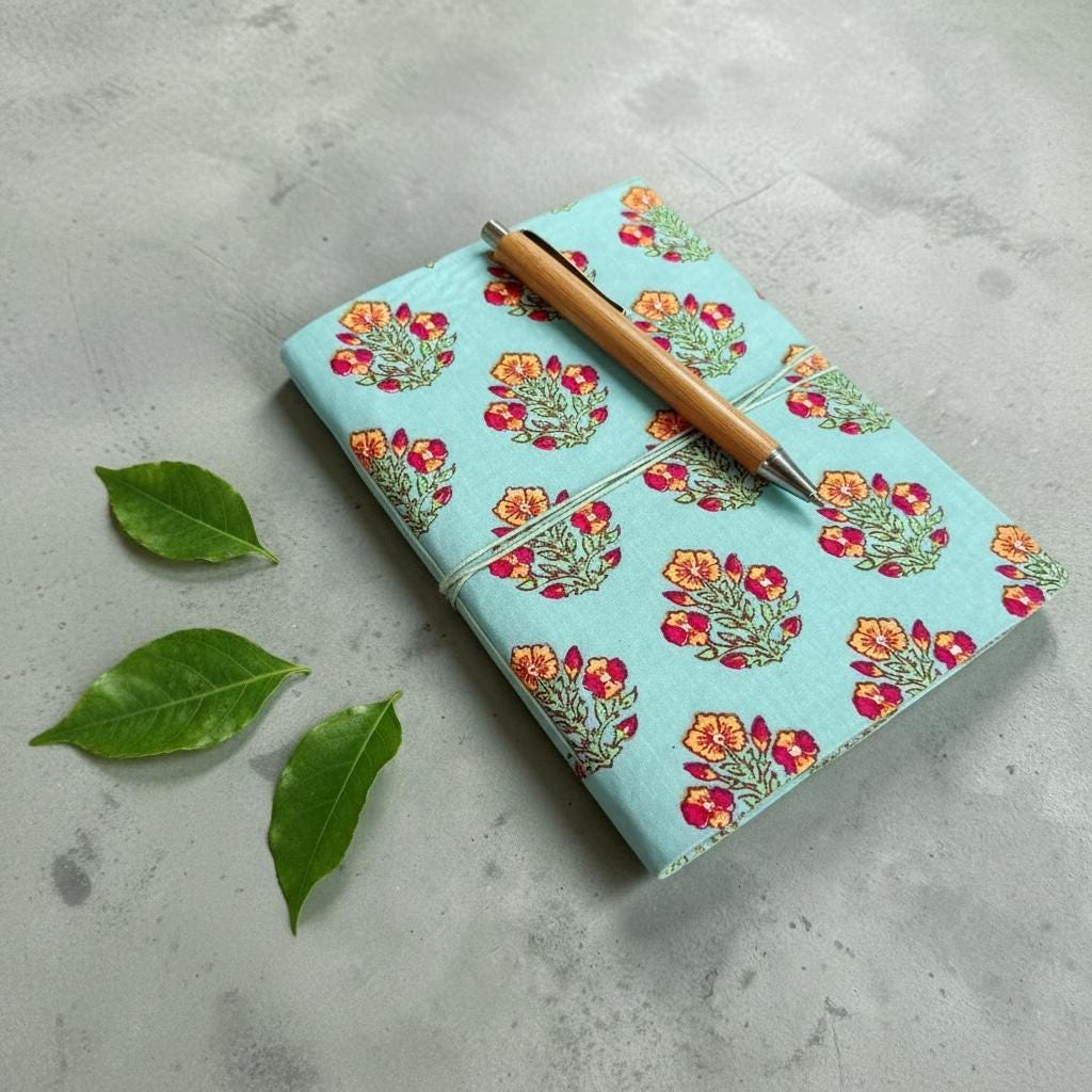 Handmade Floral Block Print Diary | Cotton Fabric Journal | Light Blue Notebook | Travel Journal | Artisan Handmade Gift for Writers