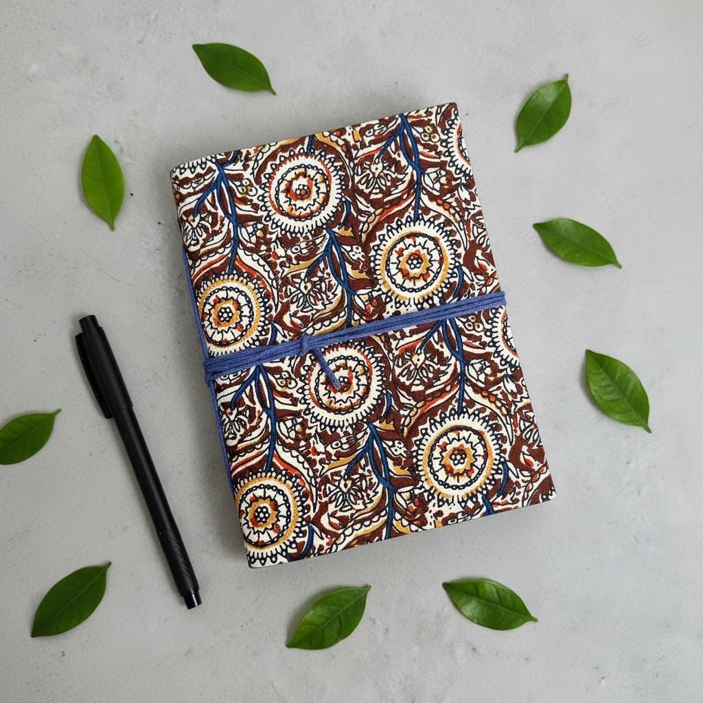 Handmade Brown Block Print Diary | Vintage Floral Fabric Journal | Cotton Notebook | Travel Journal | Artisan Handmade Gift Idea