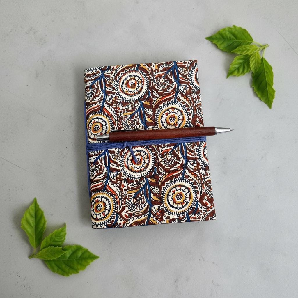 Handmade Brown Block Print Diary | Vintage Floral Fabric Journal | Cotton Notebook | Travel Journal | Artisan Handmade Gift Idea