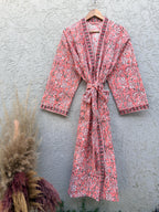 Coral Pink Floral Block Print Cotton Waffle Kaftan Robe | Handmade Indian Kimono Bathrobe | Lightweight Boho Lounge Wear | Soft Spa Robe