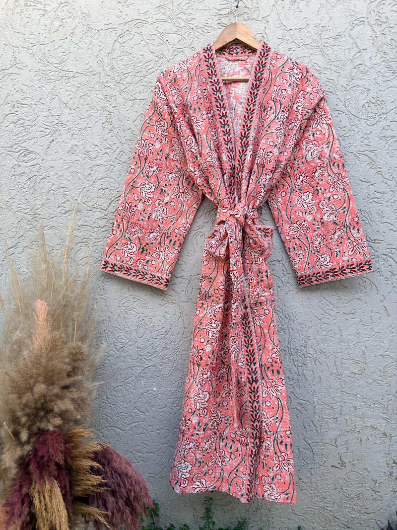 Coral Pink Floral Block Print Cotton Waffle Kaftan Robe | Handmade Indian Kimono Bathrobe | Lightweight Boho Lounge Wear | Soft Spa Robe