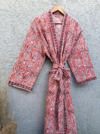 Coral Pink Floral Block Print Cotton Waffle Kaftan Robe | Handmade Indian Kimono Bathrobe | Lightweight Boho Lounge Wear | Soft Spa Robe