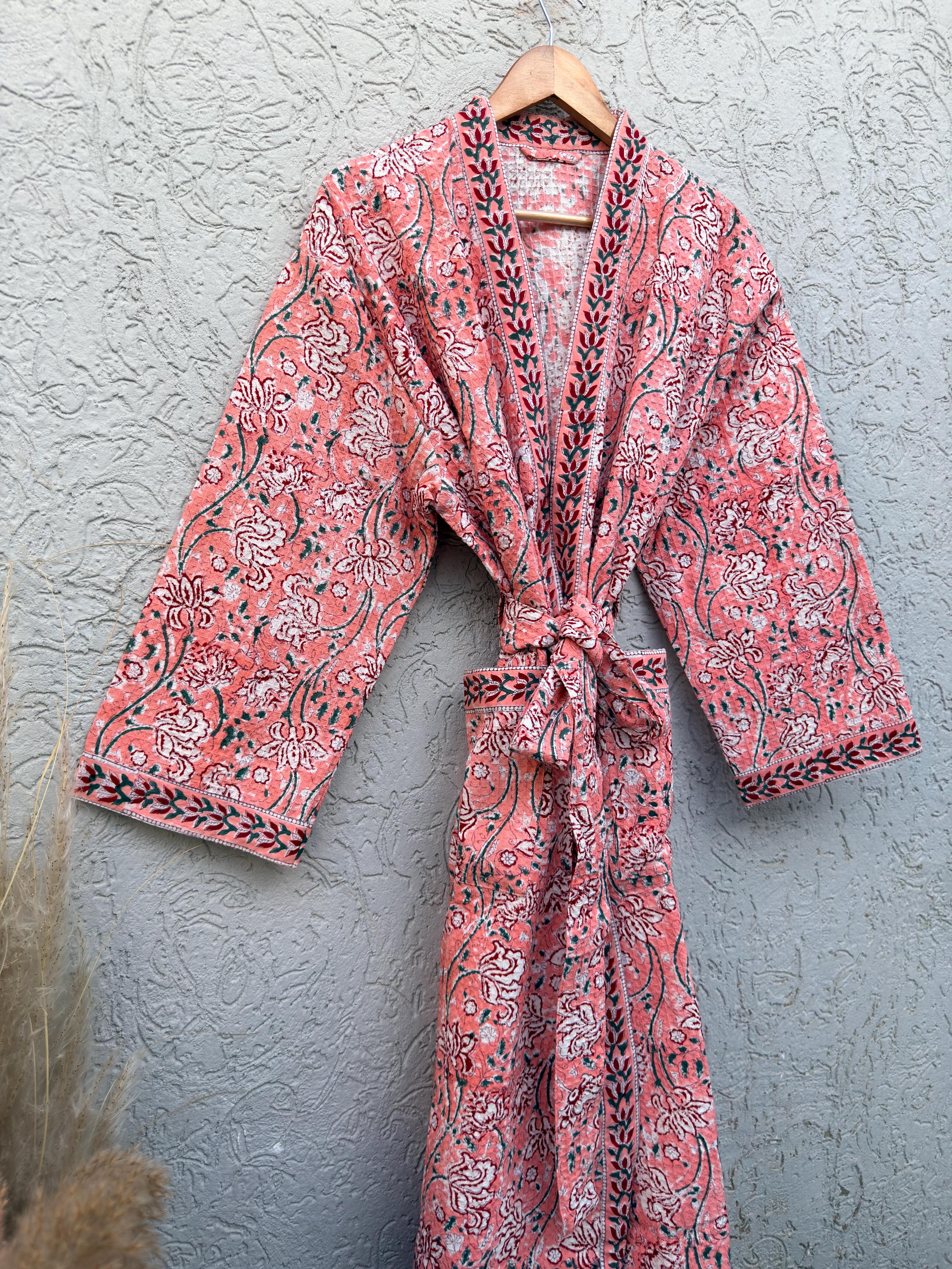 Coral Pink Floral Block Print Cotton Waffle Kaftan Robe | Handmade Indian Kimono Bathrobe | Lightweight Boho Lounge Wear | Soft Spa Robe