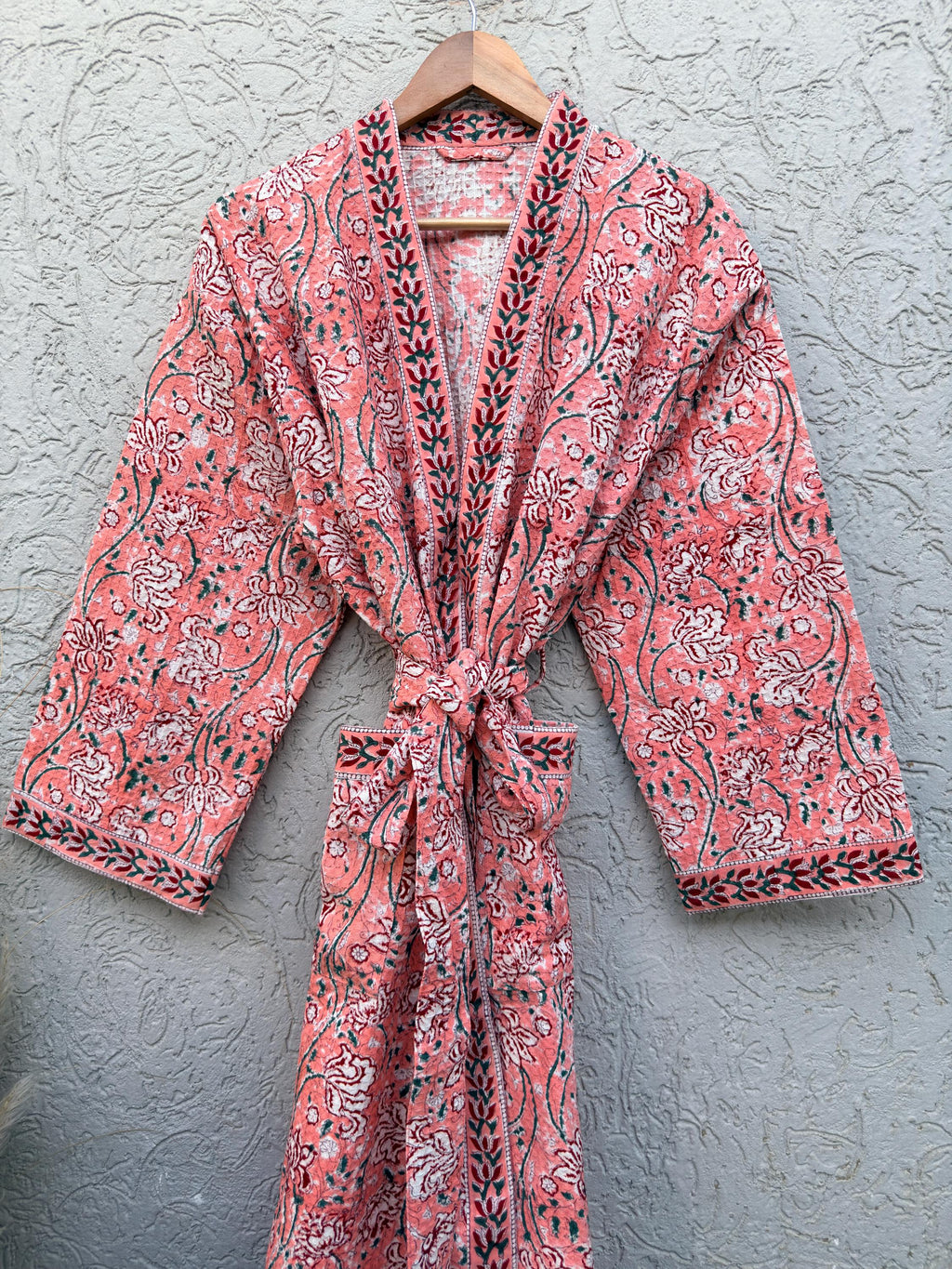 Coral Pink Floral Block Print Cotton Waffle Kaftan Robe | Handmade Indian Kimono Bathrobe | Lightweight Boho Lounge Wear | Soft Spa Robe