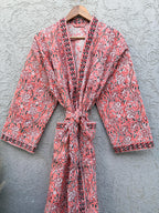 Coral Pink Floral Block Print Cotton Waffle Kaftan Robe | Handmade Indian Kimono Bathrobe | Lightweight Boho Lounge Wear | Soft Spa Robe