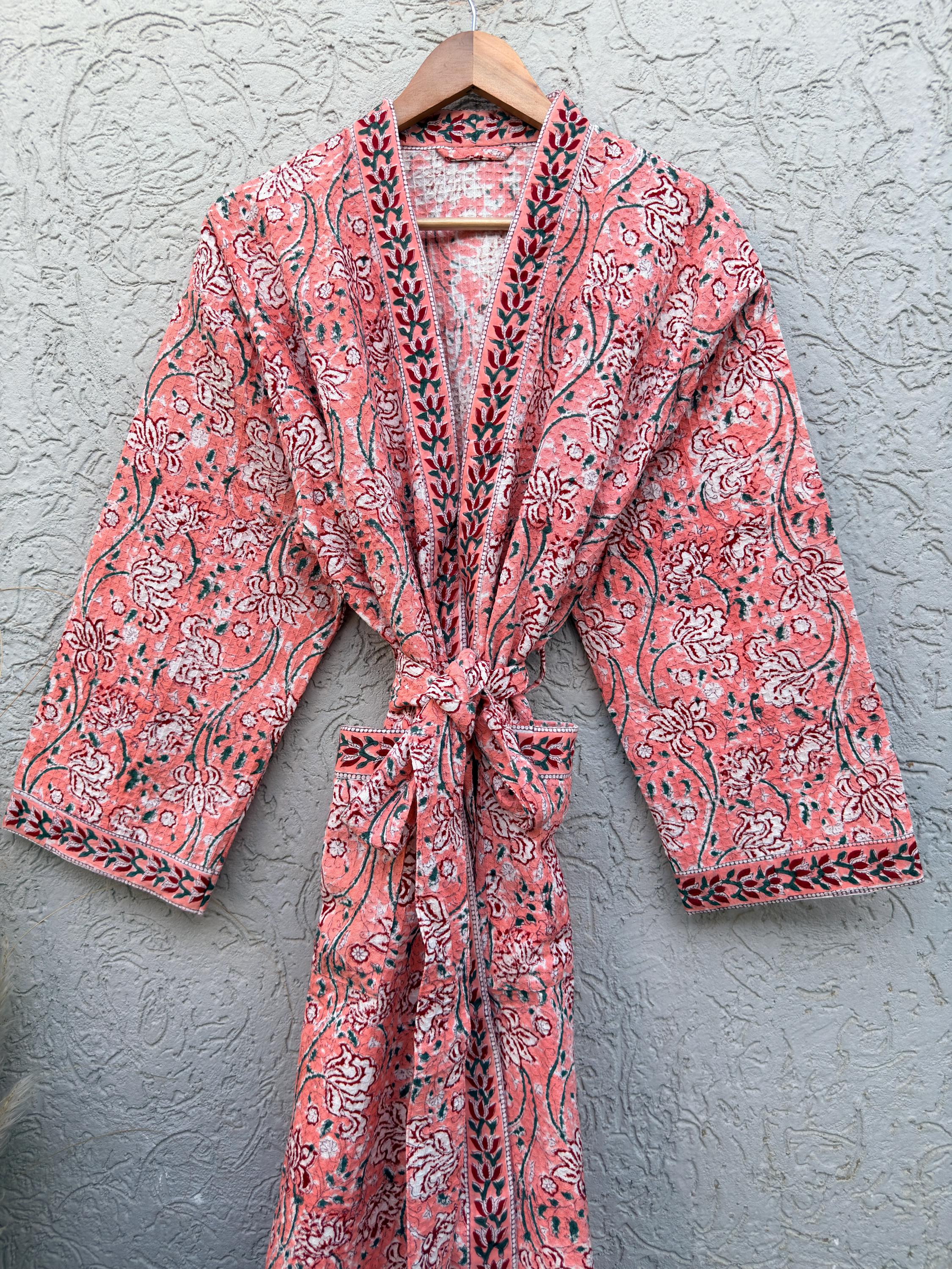 Coral Pink Floral Block Print Cotton Waffle Kaftan Robe | Handmade Indian Kimono Bathrobe | Lightweight Boho Lounge Wear | Soft Spa Robe