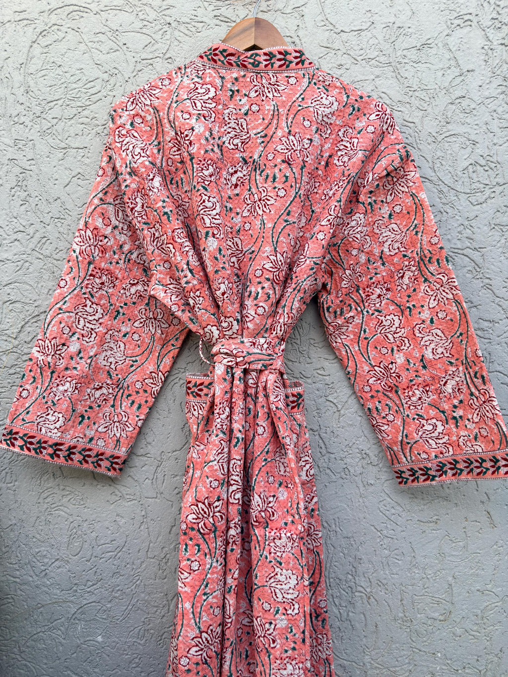 Coral Pink Floral Block Print Cotton Waffle Kaftan Robe | Handmade Indian Kimono Bathrobe | Lightweight Boho Lounge Wear | Soft Spa Robe