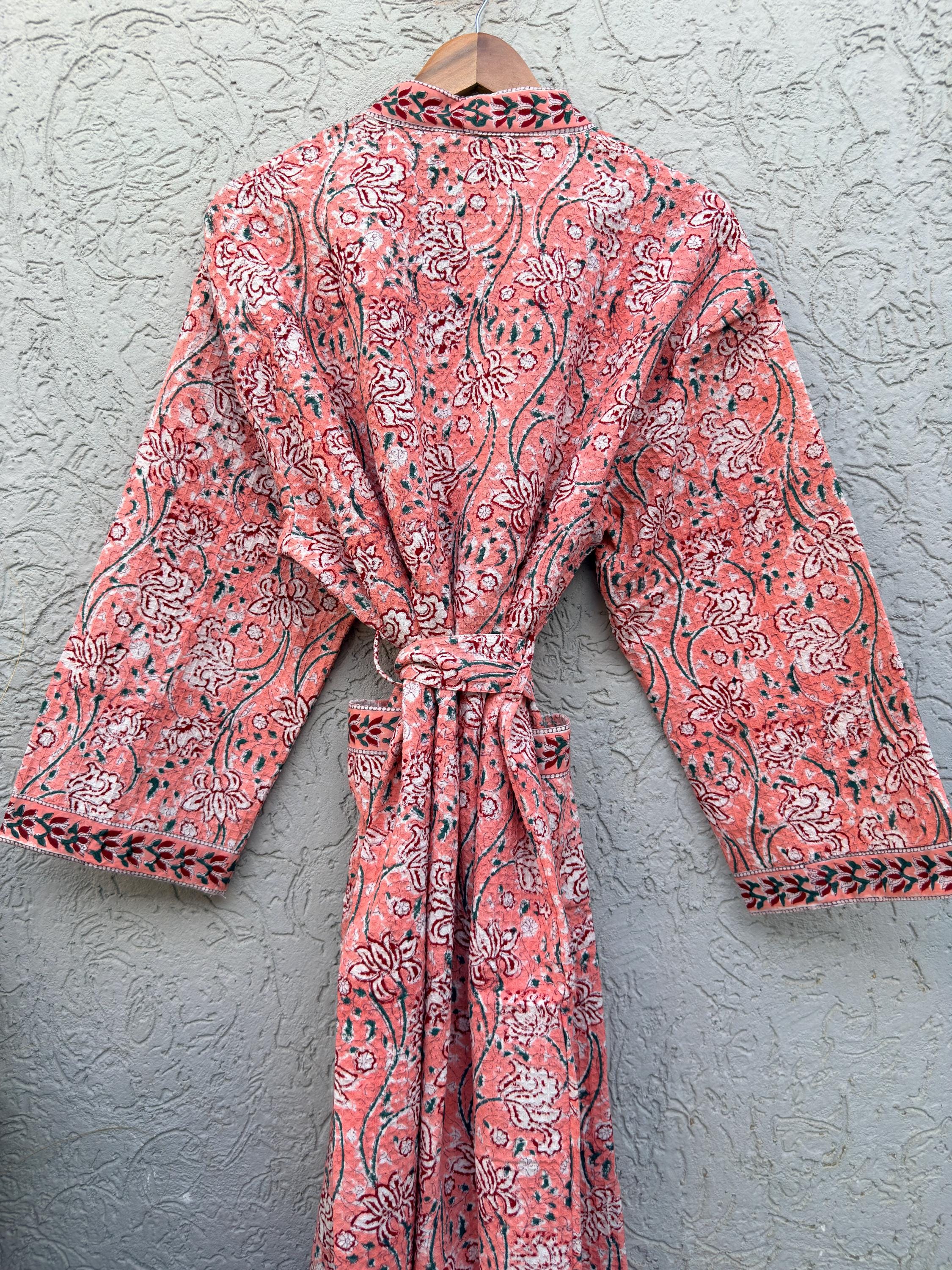 Coral Pink Floral Block Print Cotton Waffle Kaftan Robe | Handmade Indian Kimono Bathrobe | Lightweight Boho Lounge Wear | Soft Spa Robe