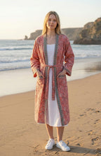 Coral Pink Floral Block Print Cotton Waffle Kaftan Robe | Handmade Indian Kimono Bathrobe | Lightweight Boho Lounge Wear | Soft Spa Robe