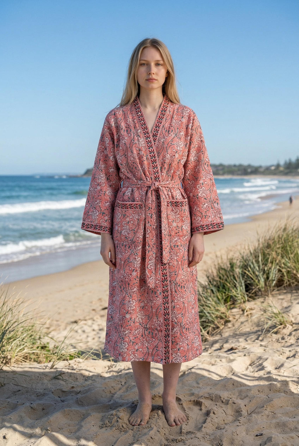 Coral Pink Floral Block Print Cotton Waffle Kaftan Robe | Handmade Indian Kimono Bathrobe | Lightweight Boho Lounge Wear | Soft Spa Robe