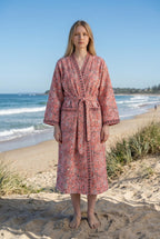 Coral Pink Floral Block Print Cotton Waffle Kaftan Robe | Handmade Indian Kimono Bathrobe | Lightweight Boho Lounge Wear | Soft Spa Robe