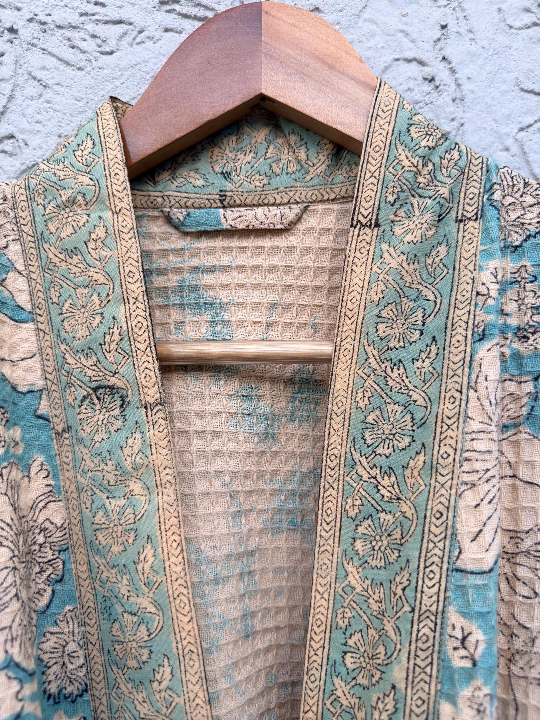 Turquoise Blue & Beige Floral Block Print Cotton Waffle Kaftan Robe | Handmade Indian Kimono Bathrobe | Boho Lightweight Spa Robe