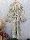 Turquoise Blue & Beige Floral Block Print Cotton Waffle Kaftan Robe | Handmade Indian Kimono Bathrobe | Boho Lightweight Spa Robe