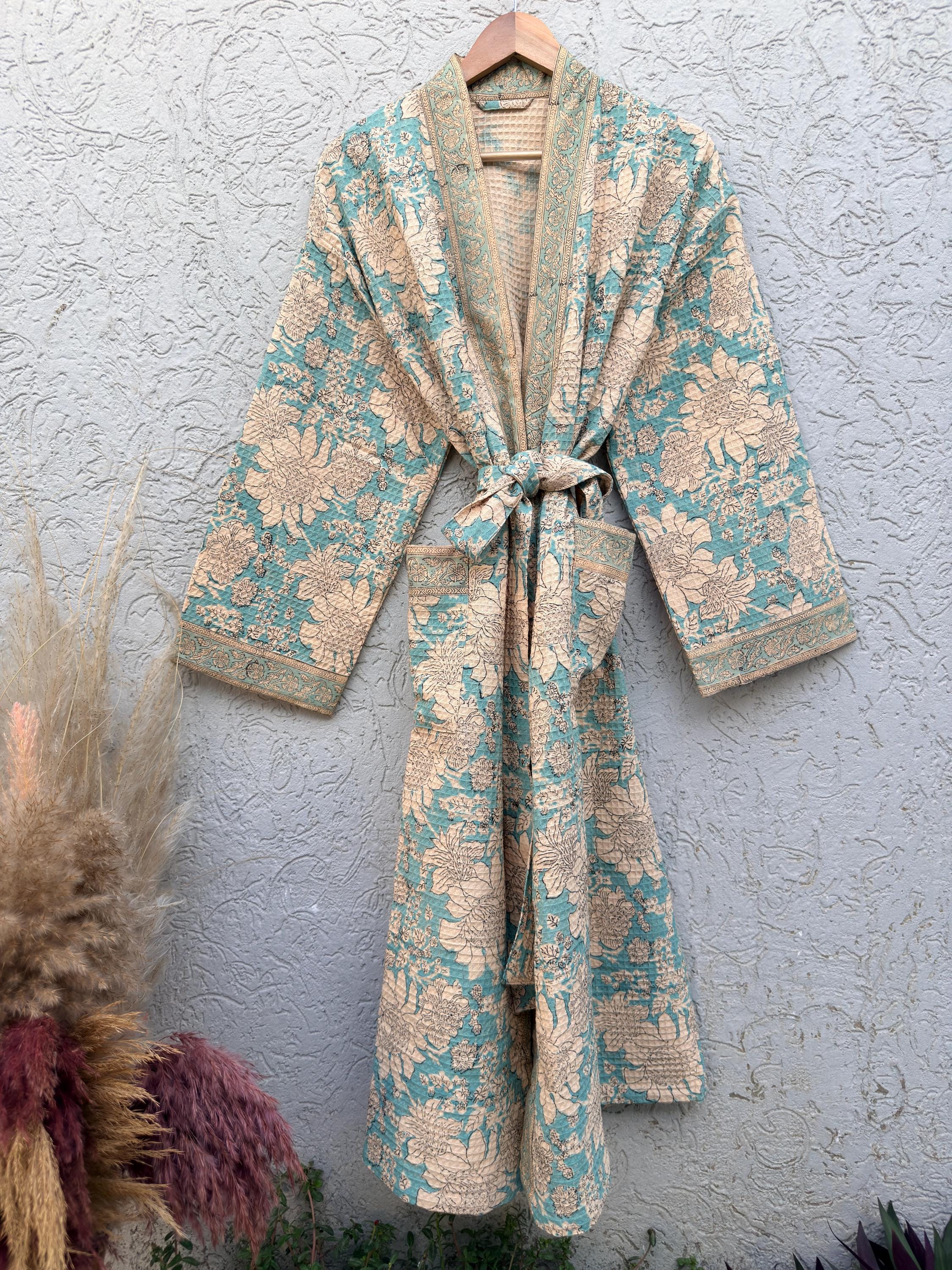 Turquoise Blue & Beige Floral Block Print Cotton Waffle Kaftan Robe | Handmade Indian Kimono Bathrobe | Boho Lightweight Spa Robe