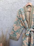 Turquoise Blue & Beige Floral Block Print Cotton Waffle Kaftan Robe | Handmade Indian Kimono Bathrobe | Boho Lightweight Spa Robe