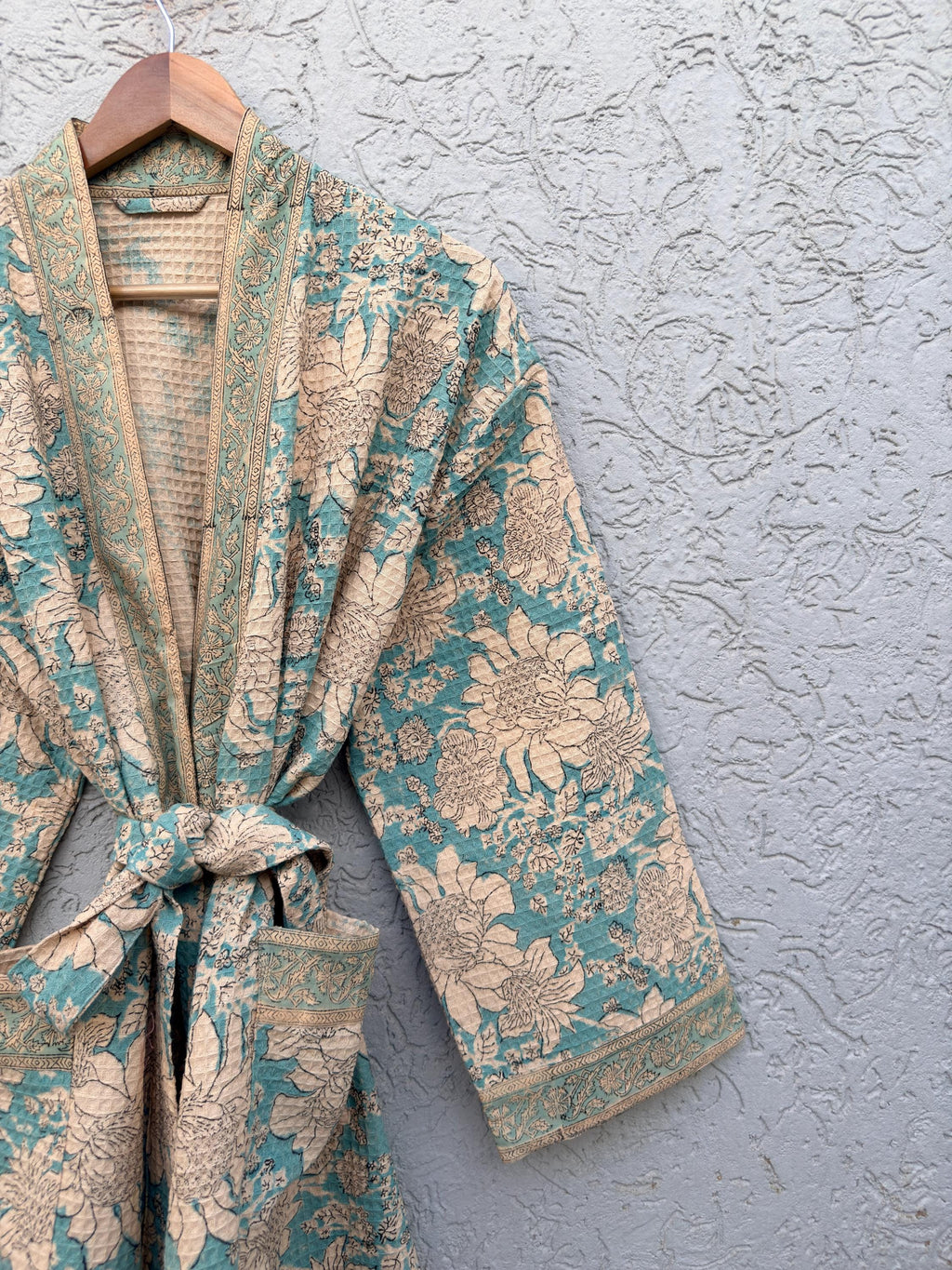 Turquoise Blue & Beige Floral Block Print Cotton Waffle Kaftan Robe | Handmade Indian Kimono Bathrobe | Boho Lightweight Spa Robe