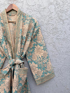 Turquoise Blue & Beige Floral Block Print Cotton Waffle Kaftan Robe | Handmade Indian Kimono Bathrobe | Boho Lightweight Spa Robe