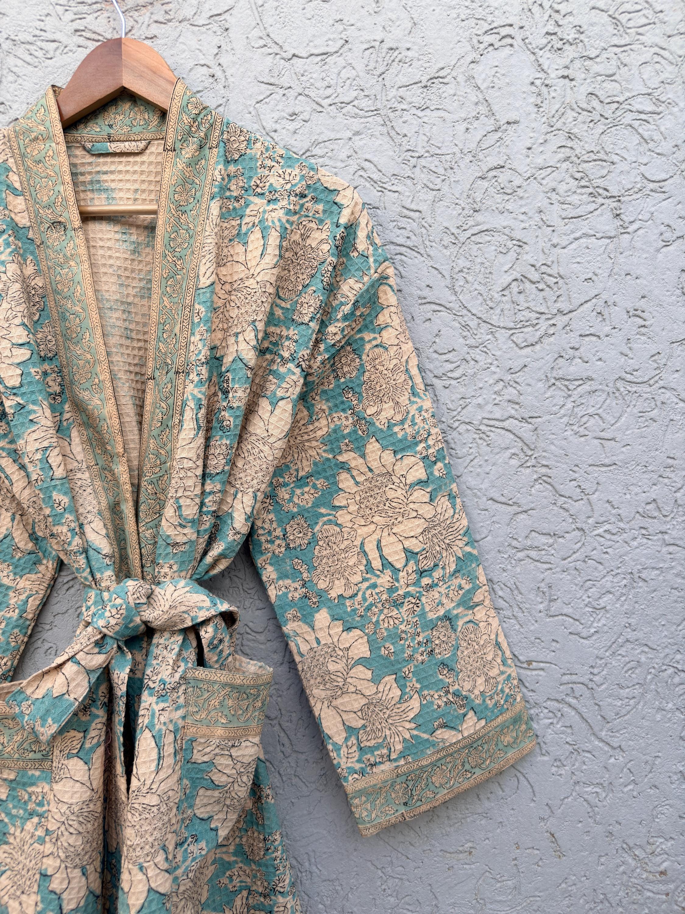 Turquoise Blue & Beige Floral Block Print Cotton Waffle Kaftan Robe | Handmade Indian Kimono Bathrobe | Boho Lightweight Spa Robe