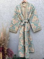 Turquoise Blue & Beige Floral Block Print Cotton Waffle Kaftan Robe | Handmade Indian Kimono Bathrobe | Boho Lightweight Spa Robe