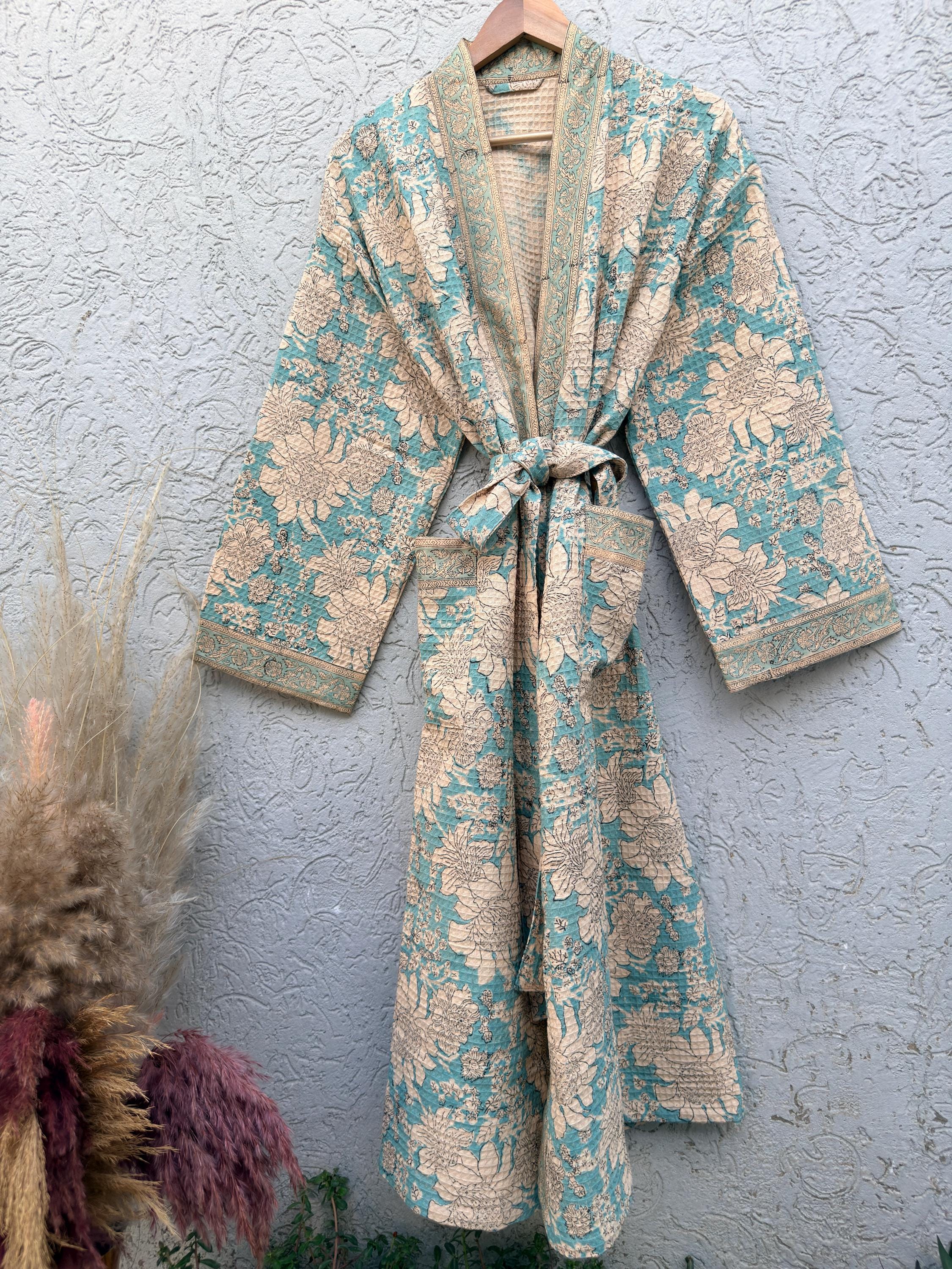 Turquoise Blue & Beige Floral Block Print Cotton Waffle Kaftan Robe | Handmade Indian Kimono Bathrobe | Boho Lightweight Spa Robe