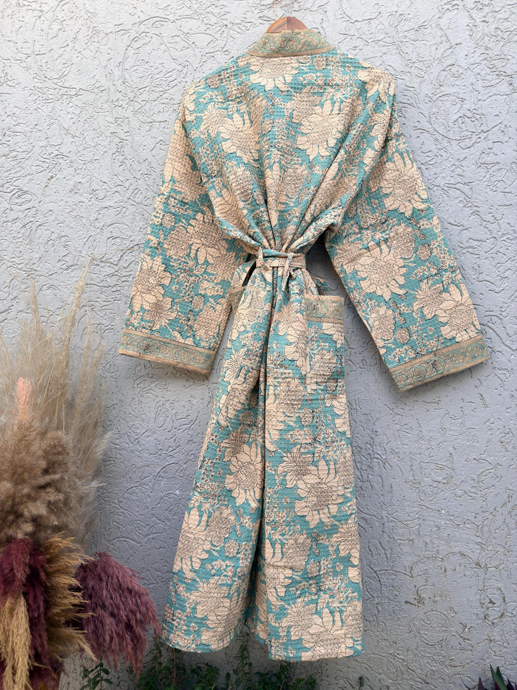 Turquoise Blue & Beige Floral Block Print Cotton Waffle Kaftan Robe | Handmade Indian Kimono Bathrobe | Boho Lightweight Spa Robe