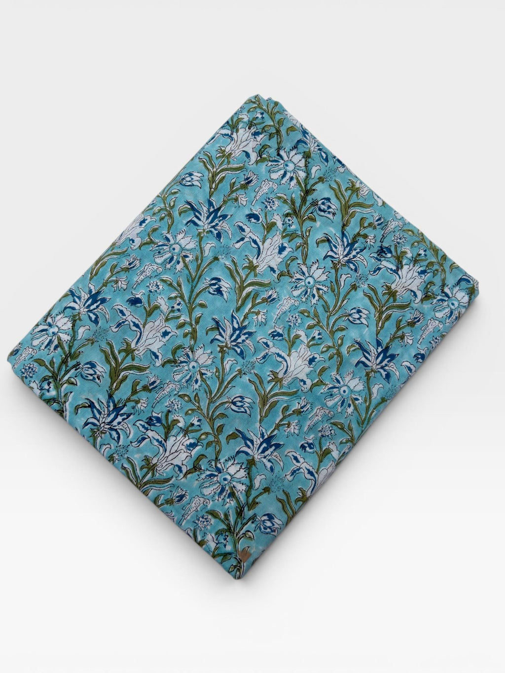 Turquoise Blue Floral Hand Block Print Cotton Fabric by Yard | Indian Aqua Boho Fabric | Soft Lightweight Sewing Fabric | Dressmaking