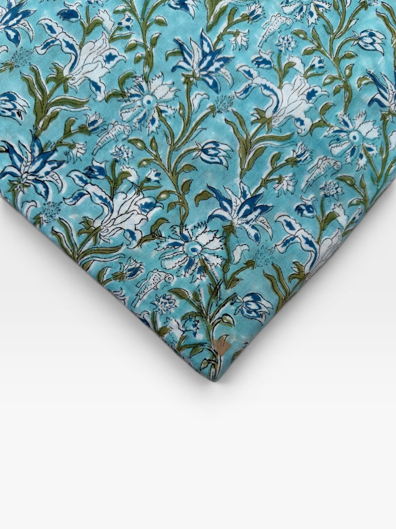 Turquoise Blue Floral Hand Block Print Cotton Fabric by Yard | Indian Aqua Boho Fabric | Soft Lightweight Sewing Fabric | Dressmaking